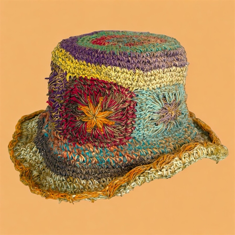 Colorful Hand Made Crochet Colorful Straw Bucket Hat - Picture 2 of 7